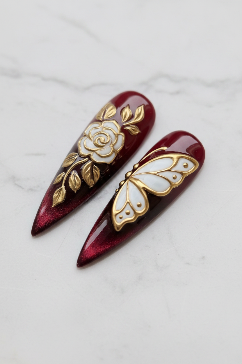Close-up white butterfly gold outline custom press-on nails marble background texture detail — LuxepressCo