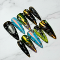 Beetle wing chrome custom press-on nails full set on marble — LuxepressCo