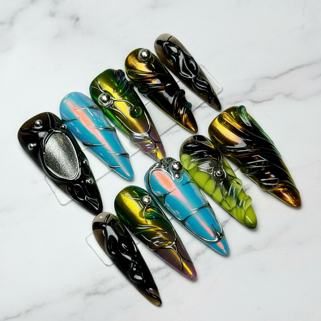 Beetle wing chrome custom press-on nails full set on marble — LuxepressCo