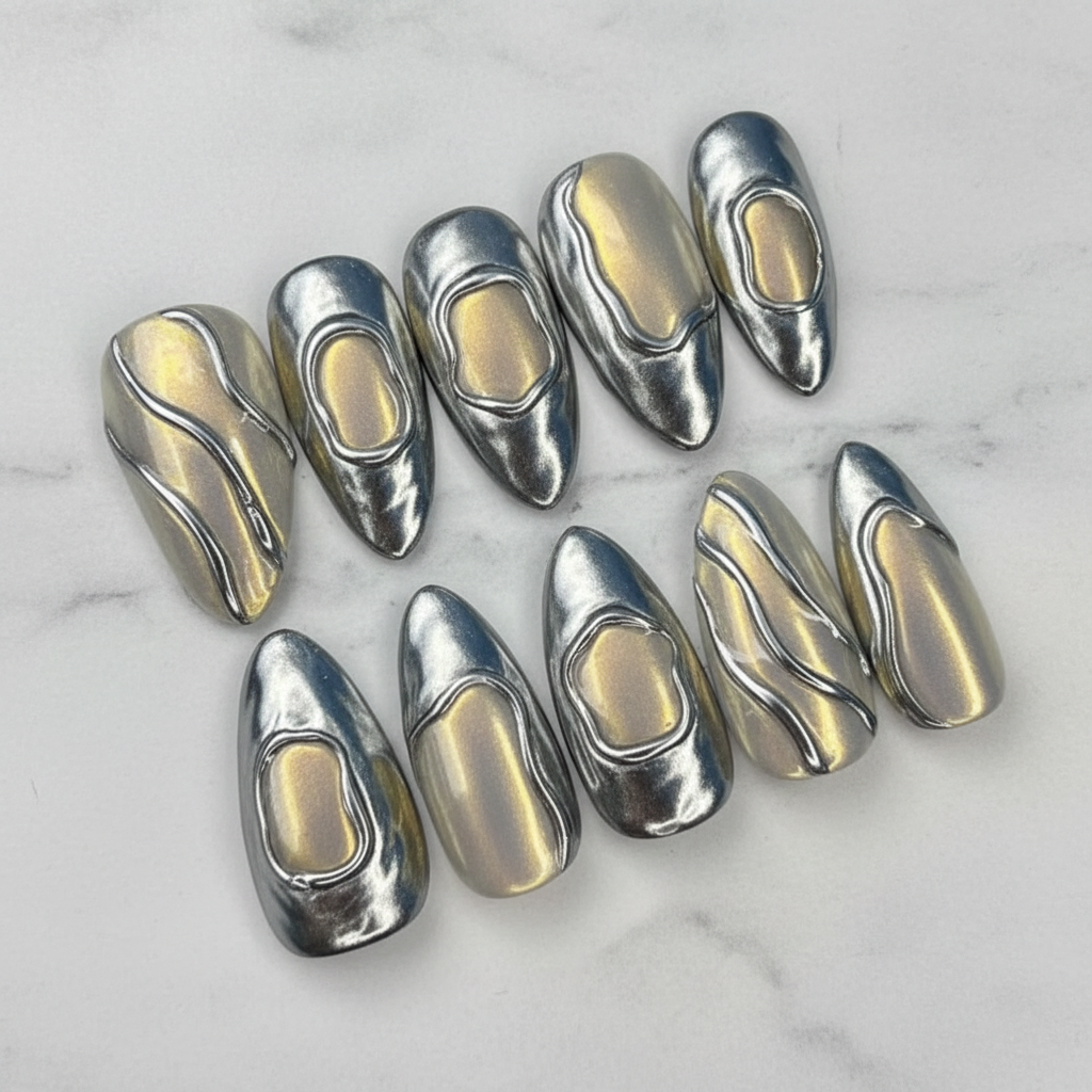 Mirror silver gold chrome 3D oval frame sculpted custom press-on nails almond full set on marble — LuxepressCo