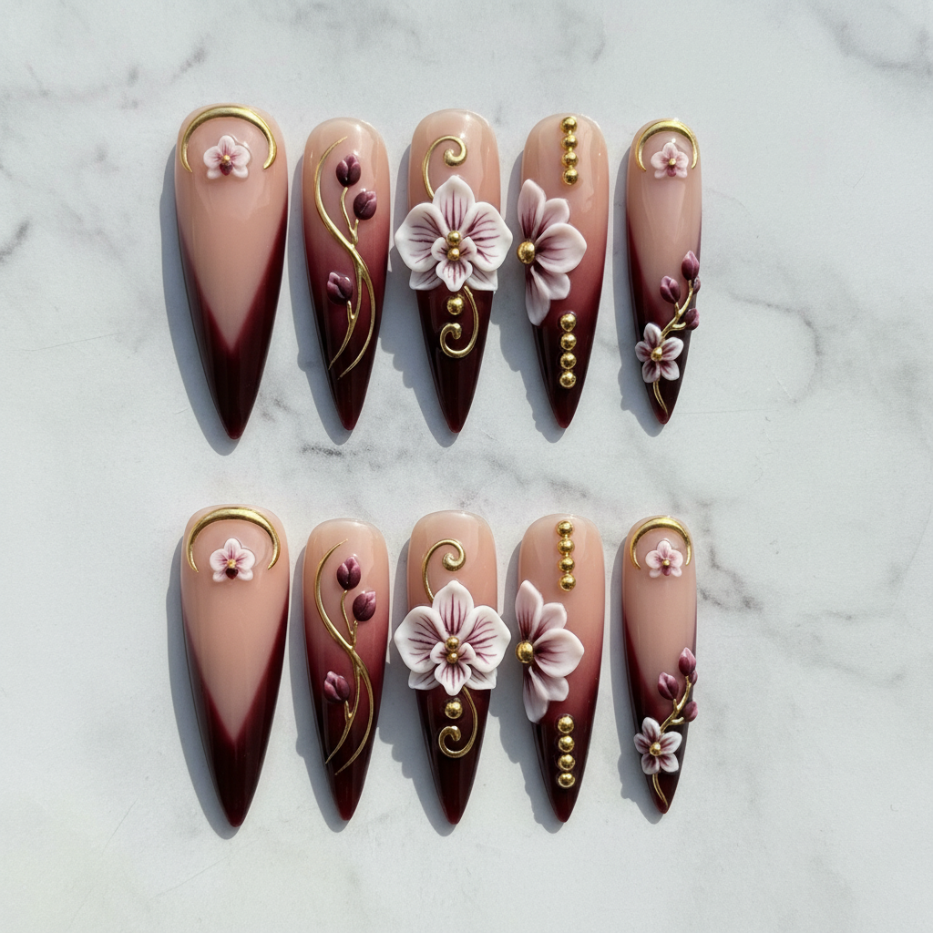 Flat lay top-down full set 10 burgundy orchid 3D floral stiletto custom press-on nails white marble — LuxepressCo