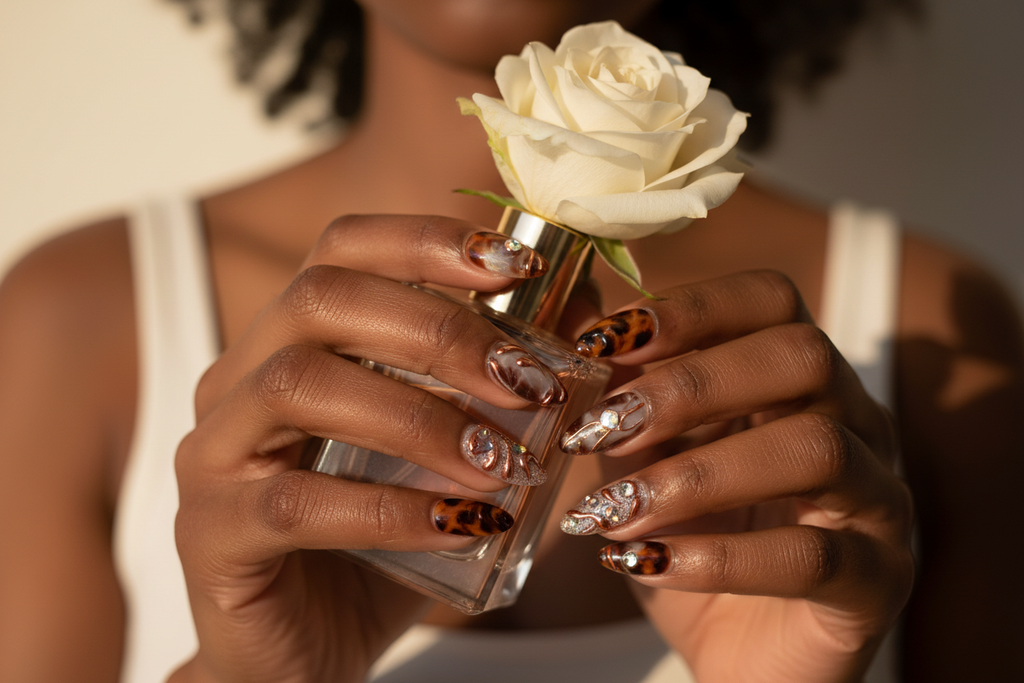 Dark-skin European hands wearing tortoiseshell amber 3D swirl custom press-on nails holding white rose — inclusive reusable nails lifestyle — LuxepressCo
