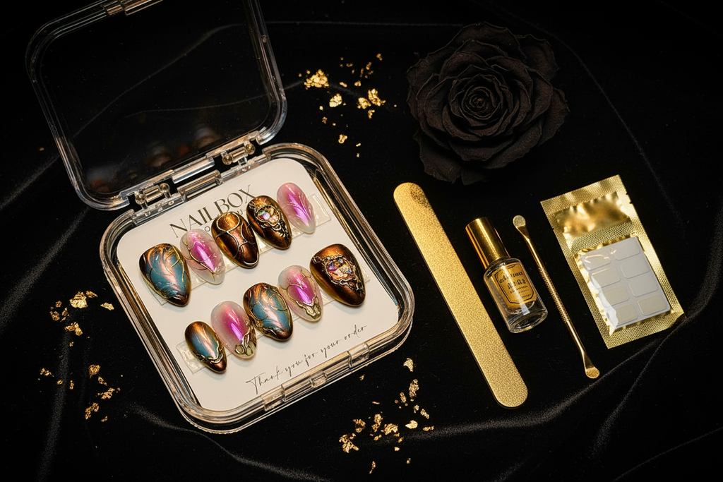 Luxury unboxing acrylic box gold chrome aurora scarab press-on nails with accessories on black velvet — LuxepressCo