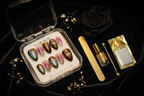 Luxury unboxing acrylic box gold chrome aurora scarab press-on nails with accessories on black velvet — LuxepressCo