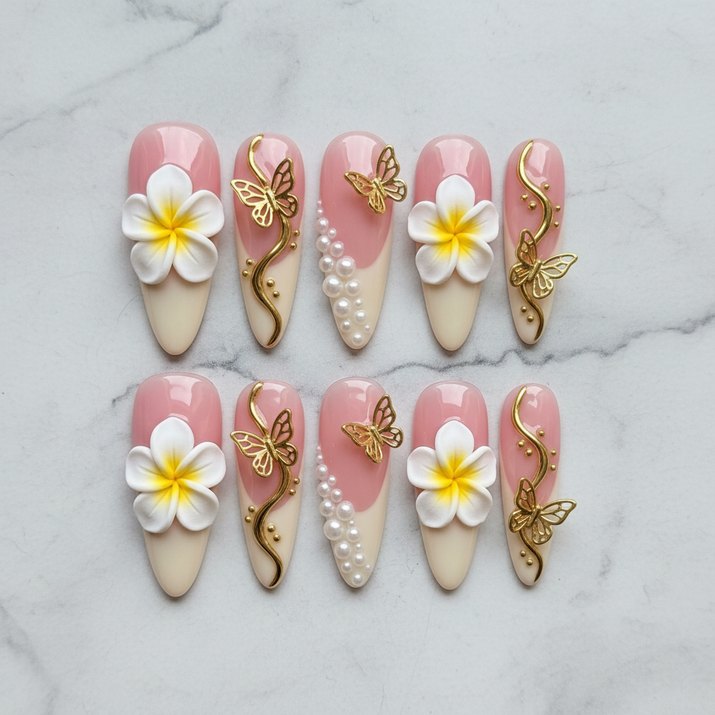 Flat lay top-down full set 10 pink plumeria butterfly pearl gold custom press-on nails white marble — LuxepressCo