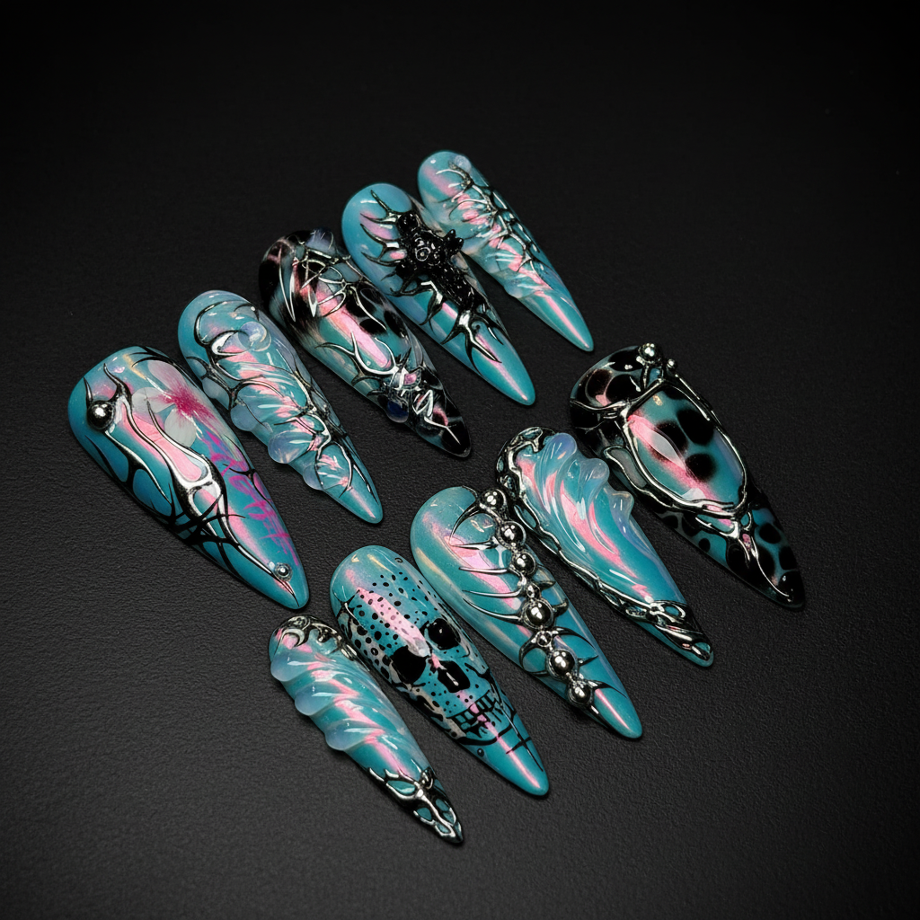 Teal chrome gothic spider skull 3D art custom press-on nails full set on dark surface — LuxepressCo
