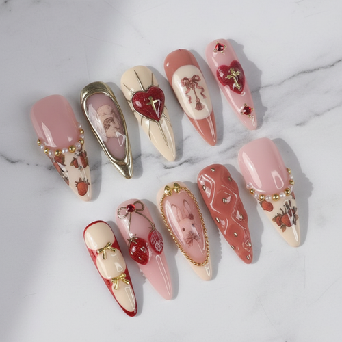 Vintage Romance 3D charm press-on nails full set flat lay on marble — LuxepressCo