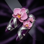 Macro close-up amethyst purple silver brush stroke 3D orchid crystal salon-quality stiletto press-on nails — LuxepressCo