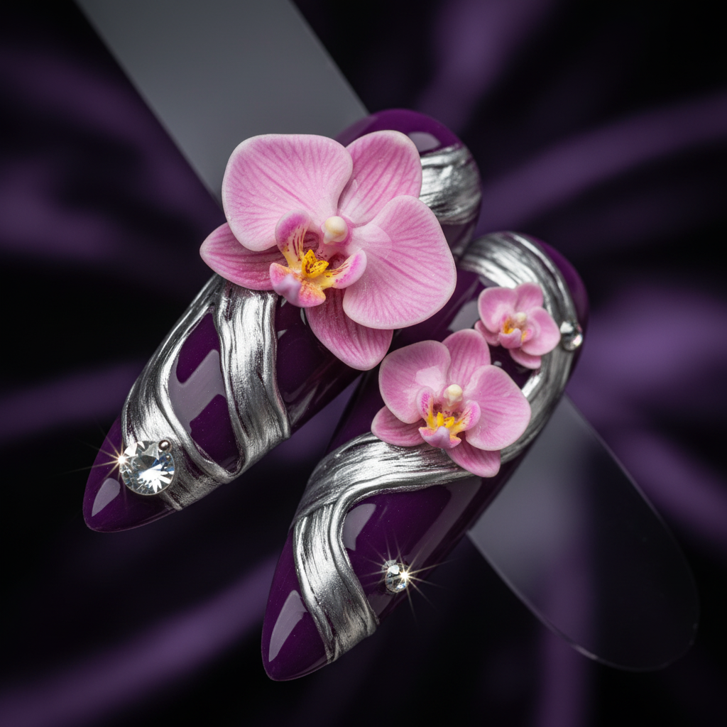 Macro close-up amethyst purple silver brush stroke 3D orchid crystal salon-quality stiletto press-on nails — LuxepressCo