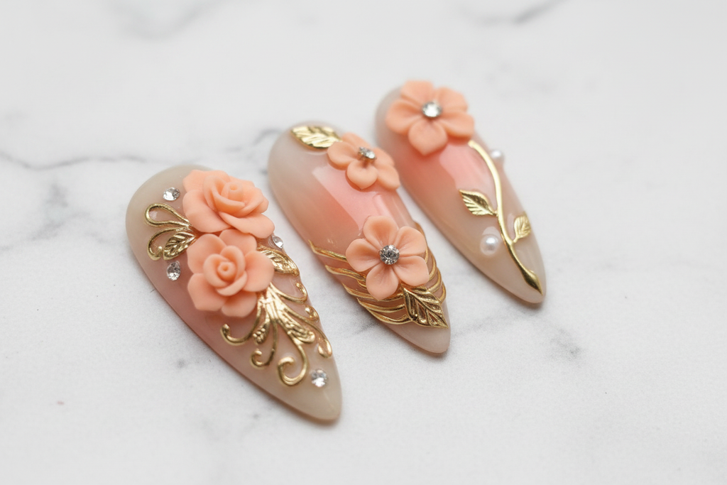 Macro close-up texture gloss 3D peach floral gold leaf custom press-on nails marble background — LuxepressCo