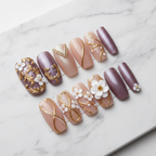 Full set 10 mauve chrome baroque floral custom press-on nails on marble background — LuxepressCo