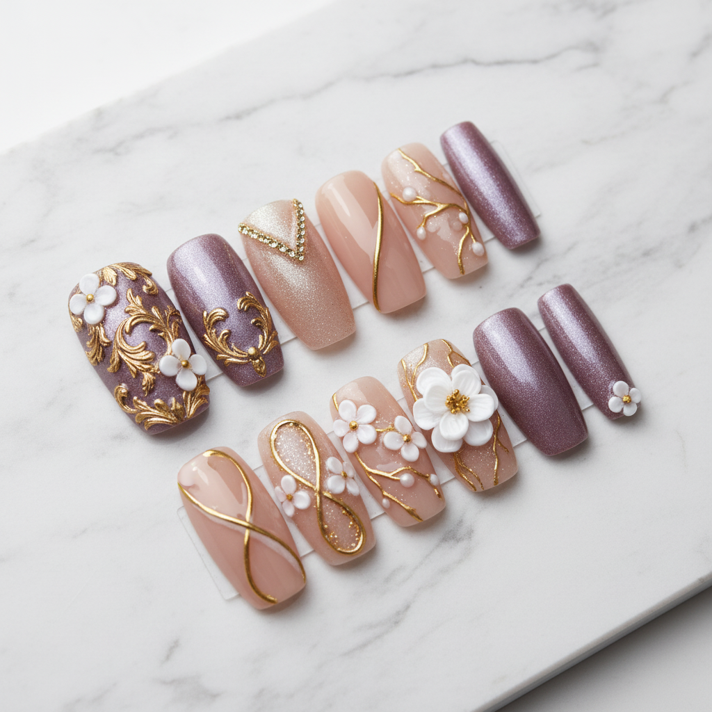 Full set 10 mauve chrome baroque floral custom press-on nails on marble background — LuxepressCo