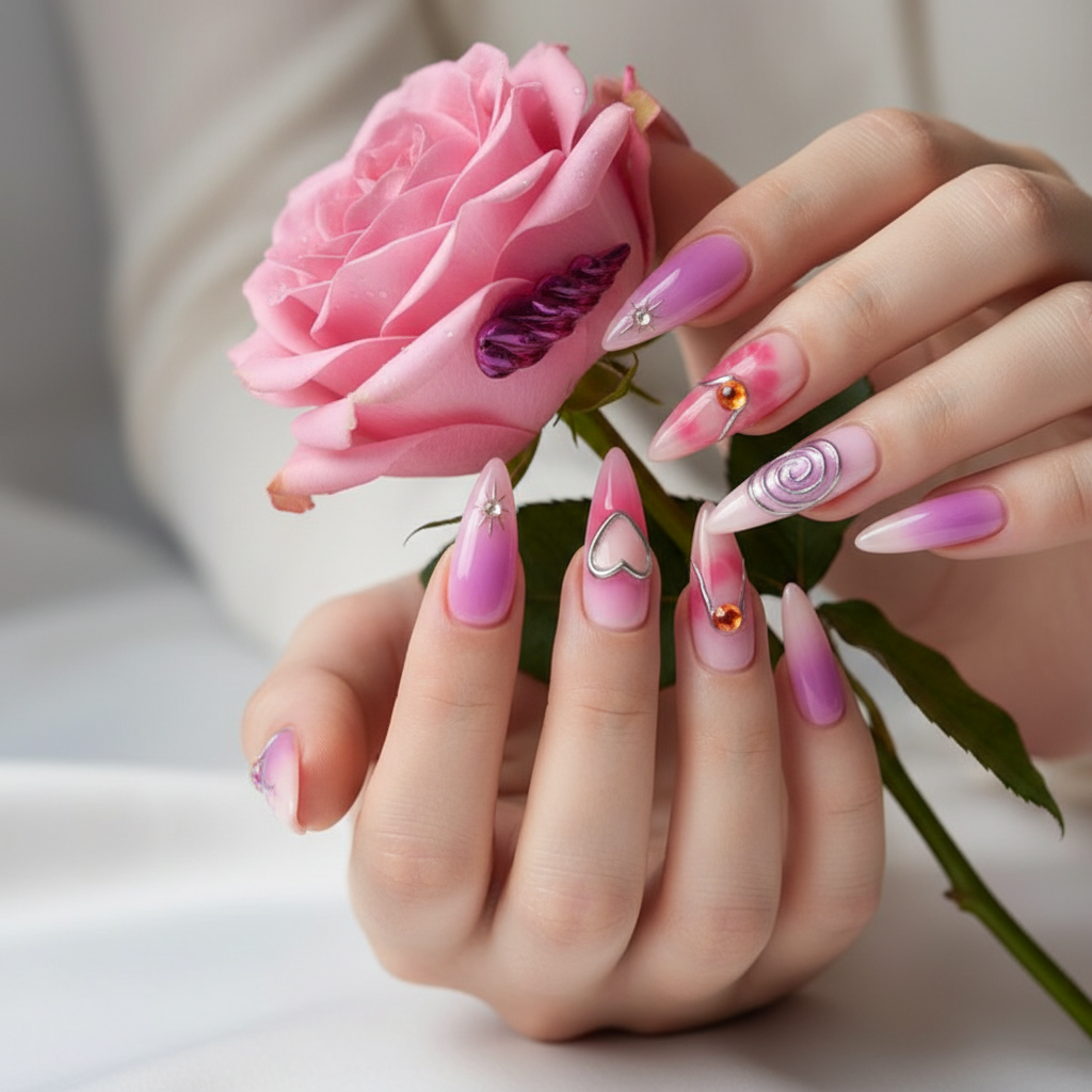 Light skin hands holding pink rose wearing angel wing heart chrome custom press-on nails pink purple stiletto — LuxepressCo