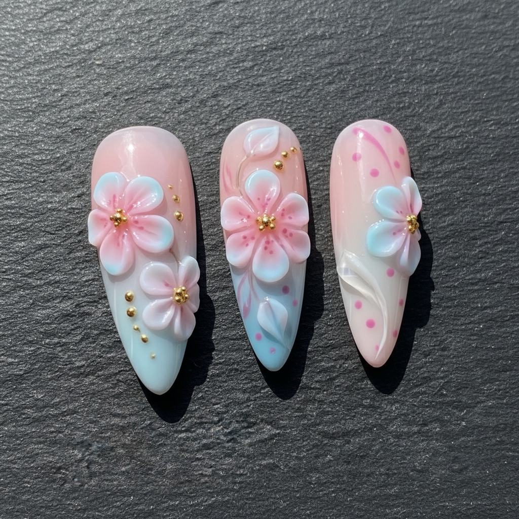 Macro close-up 3D cherry blossom floral nail art pink blue ombre dramatic lighting custom press-on nails — LuxepressCo