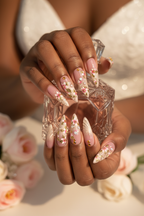 Dark-skin lifestyle bridal pink 3D gold floral pearl custom press-on nails holding crystal perfume — LuxepressCo