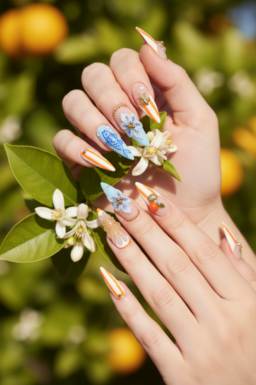 Light-skin hands holding orange blossom wearing sky blue orange neon embossed chrysanthemum cherry custom press-on nails — LuxepressCo