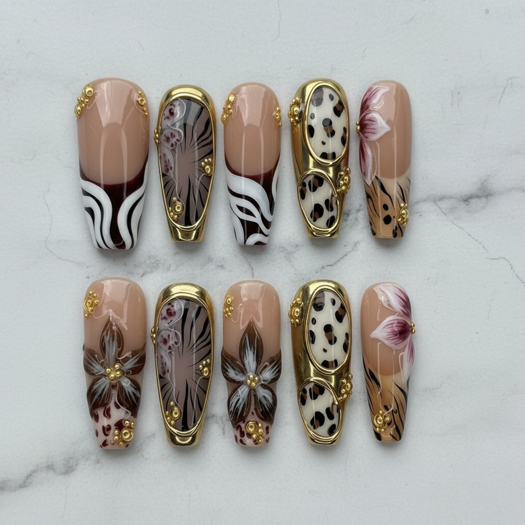 Flat lay top-down full set 10 nude gold frame animal print floral square press-on nails studio light custom press-on nails — LuxepressCo