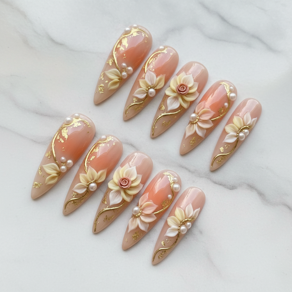 Full set 10 luxury 3D floral gold foil pearl stiletto custom press-on nails white marble background — LuxepressCo