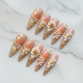Full set 10 luxury 3D floral gold foil pearl stiletto custom press-on nails white marble background — LuxepressCo