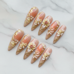 Full set 10 luxury 3D floral gold foil pearl stiletto custom press-on nails white marble background — LuxepressCo