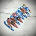 Mauve gold kintsugi blue porcelain floral 3D spider charm custom press-on nails stiletto full set on marble — LuxepressCo