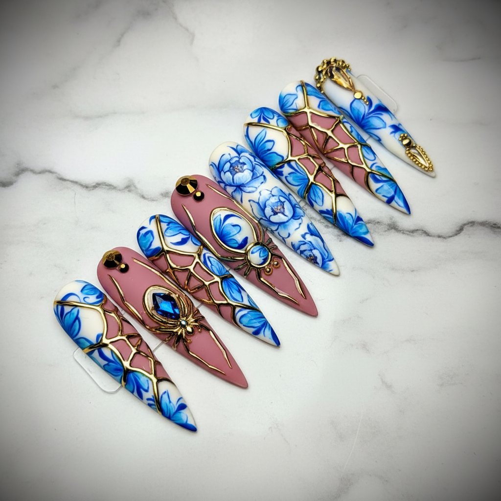Mauve gold kintsugi blue porcelain floral 3D spider charm custom press-on nails stiletto full set on marble — LuxepressCo