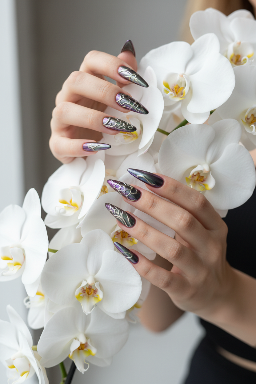 Light skin hands with aurora chrome color-shift stiletto reusable nails holding orchids — LuxepressCo