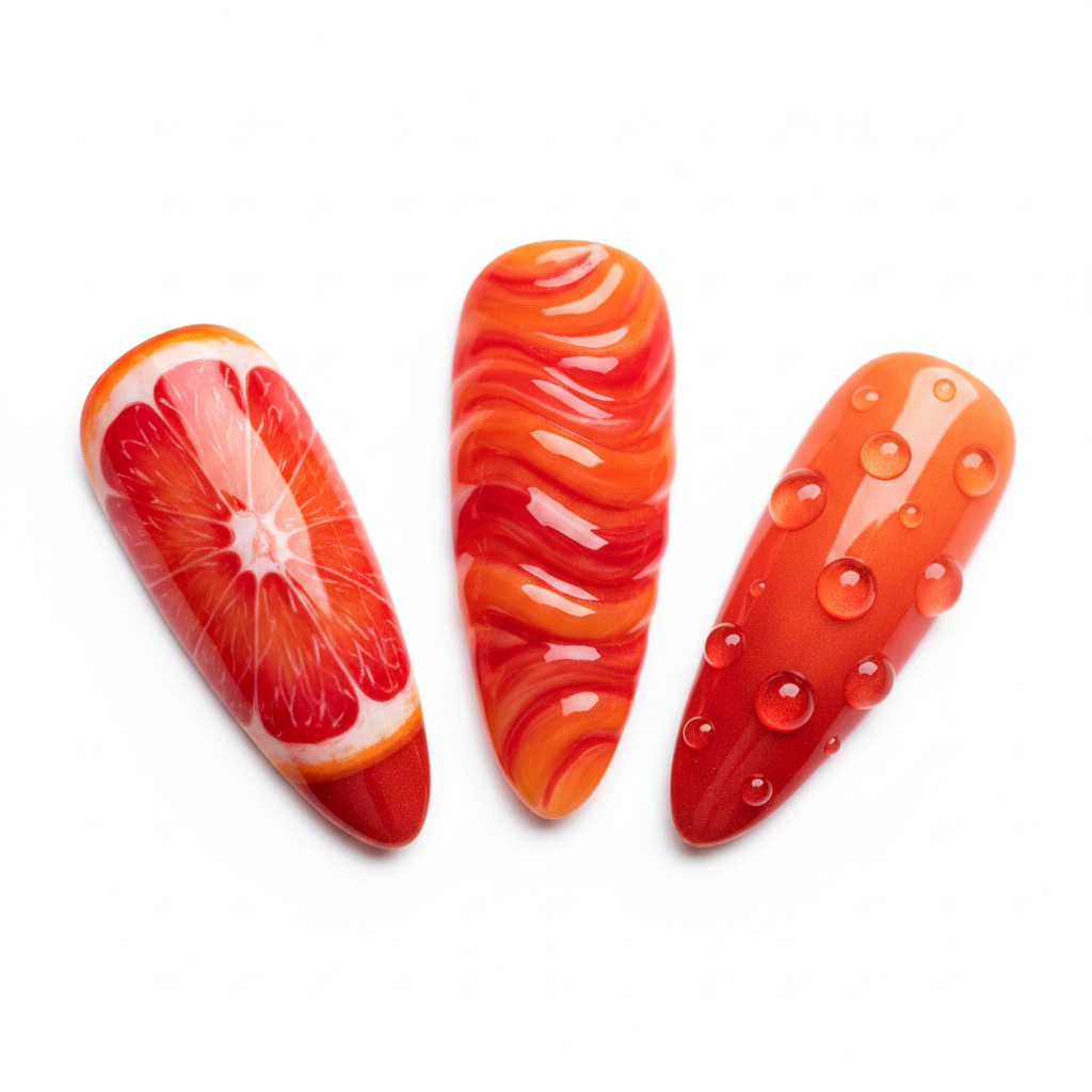 Macro close-up 3D citrus grapefruit gel nail art red orange gradient — LuxepressCo