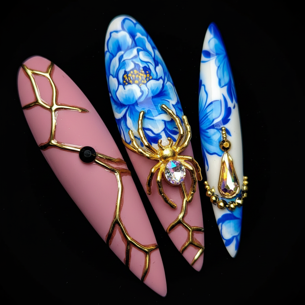 Macro close-up gold kintsugi crack art blue peony porcelain 3D gold spider charm custom press-on nails stiletto — LuxepressCo