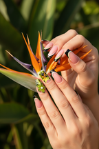 Fair-skin lifestyle wild jungle leopard zebra 3D flower custom press-on nails holding tropical flower — LuxepressCo