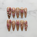 Flat lay top-down full set 10 3D rose butterfly gold filigree pearl custom press-on nails white marble — LuxepressCo