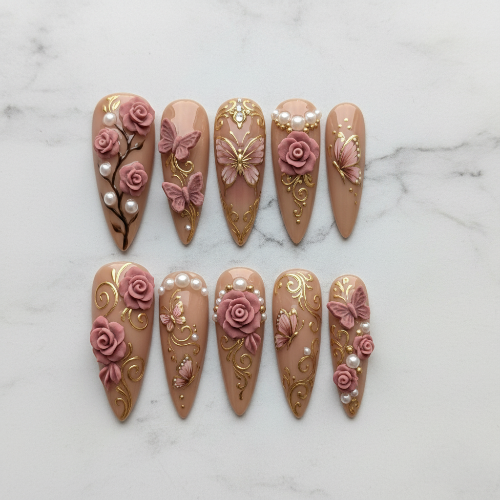 Flat lay top-down full set 10 3D rose butterfly gold filigree pearl custom press-on nails white marble — LuxepressCo