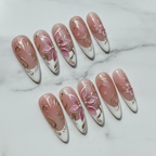 Hero full set 10 almond dusty rose pink magnolia gold filigree custom press-on nails white marble — LuxepressCo