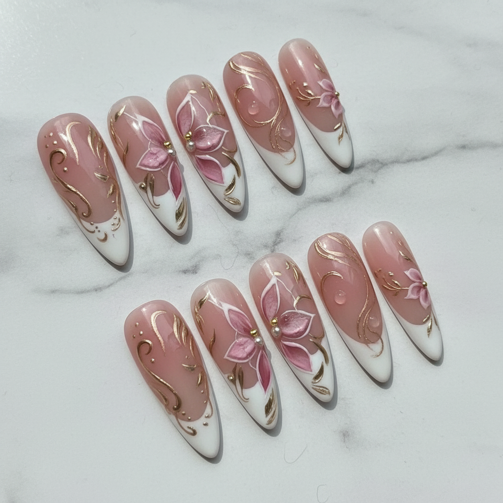 Hero full set 10 almond dusty rose pink magnolia gold filigree custom press-on nails white marble — LuxepressCo