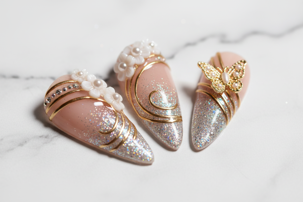Gold art deco swirl white flower pearl custom press-on nails texture close-up — LuxepressCo
