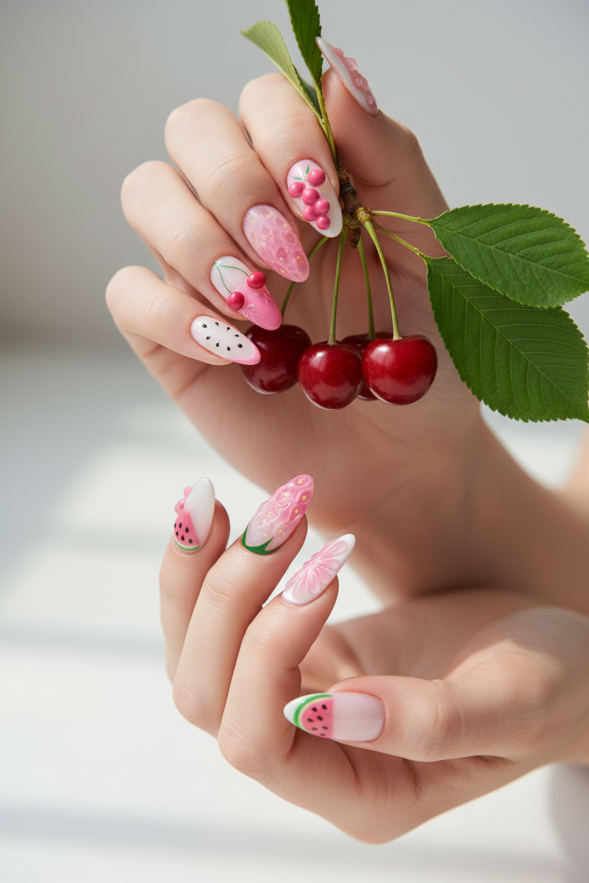 Fair skin hands wearing pink fruit 3D custom press-on nails holding fresh red cherries — LuxepressCo