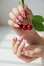 Fair skin hands wearing pink fruit 3D custom press-on nails holding fresh red cherries — LuxepressCo
