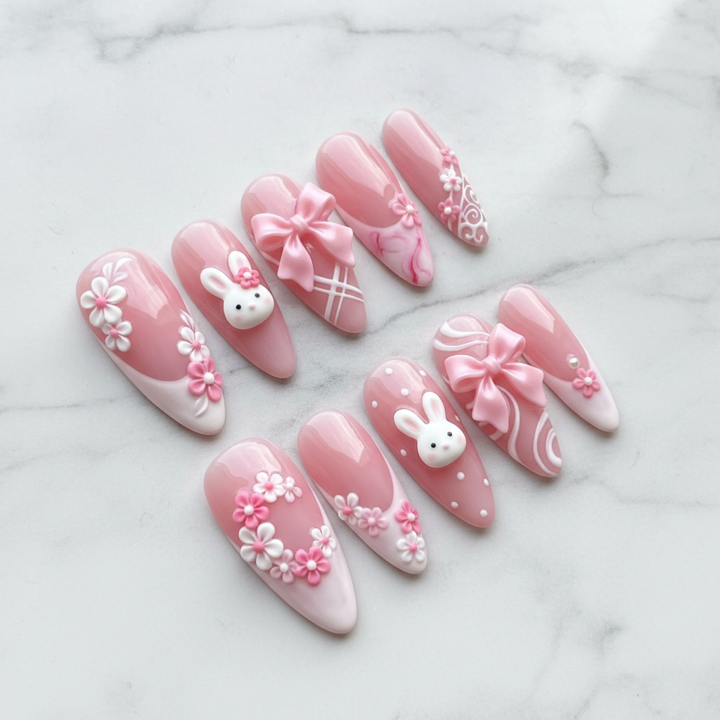 Full set 10 pink 3D bunny bow floral press-on nails on marble background custom press-on nails pink white — LuxepressCo