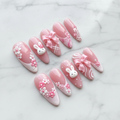 Full set 10 pink 3D bunny bow floral press-on nails on marble background custom press-on nails pink white — LuxepressCo