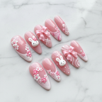 Full set 10 pink 3D bunny bow floral press-on nails on marble background custom press-on nails pink white — LuxepressCo