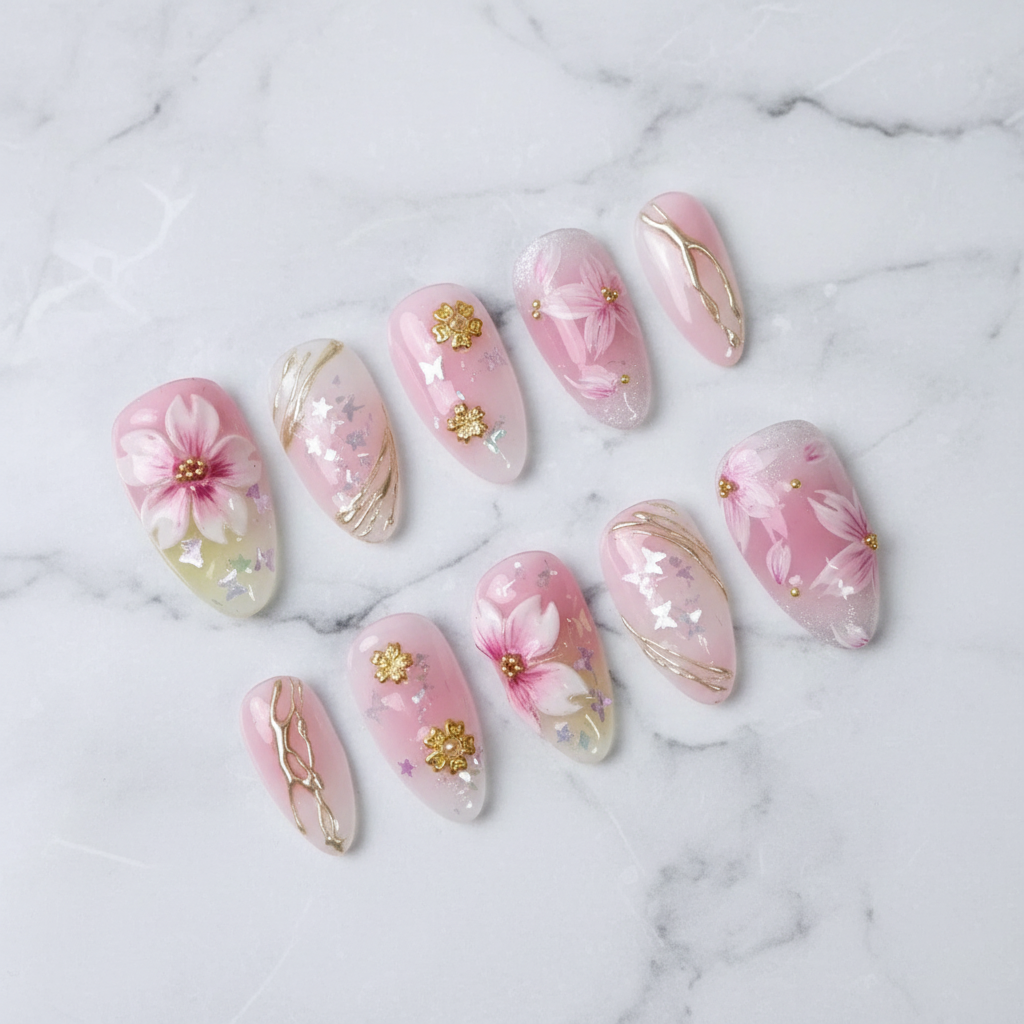 Pink cherry blossom sakura 3D press-on nails full set on marble studio light custom press-on nails — LuxepressCo