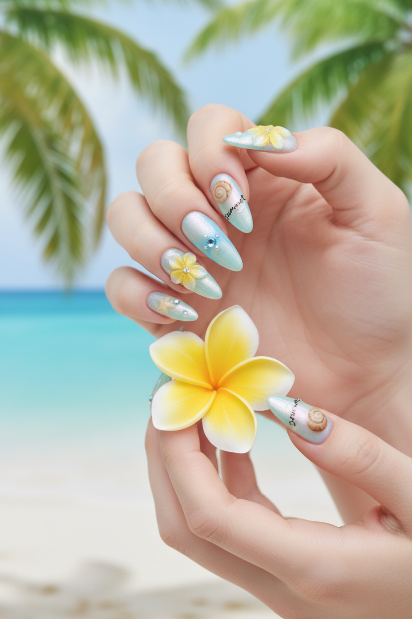 Light-skin hands holding yellow plumeria wearing mint blue aurora pearl 3D plumeria snail shell custom press-on nails — LuxepressCo