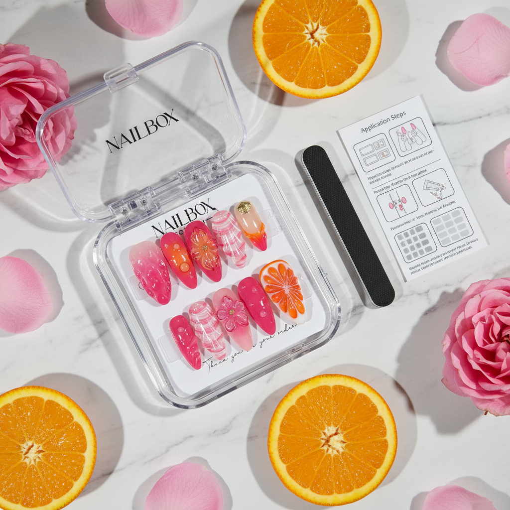 Luxury unboxing acrylic nail box pink orange swirl floral press-on nails with orange slices and rose petals — LuxepressCo