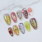 Y2K aurora holographic star pearl 3D maximalist almond custom press-on nails full set on marble — LuxepressCo