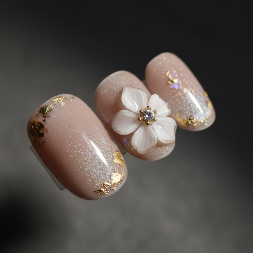 Macro close-up 3D white flower gold foil pearl shimmer custom press-on nails nude beige — LuxepressCo