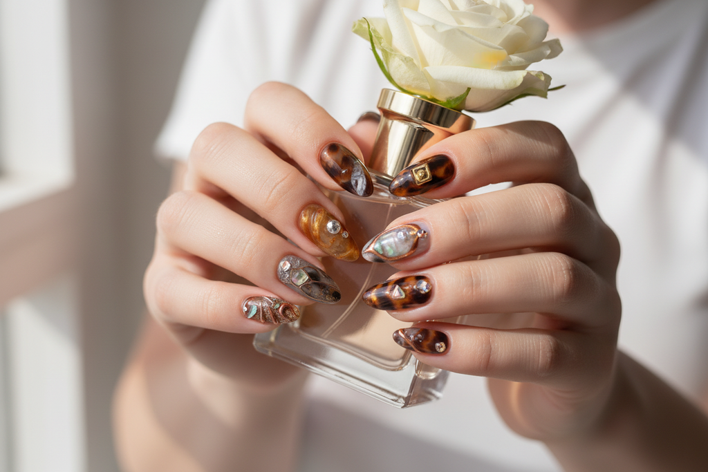 Light-skin European hands wearing tortoiseshell amber 3D swirl custom press-on nails holding white rose — salon-quality nails lifestyle — LuxepressCo