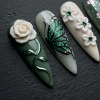 3D white rose and glitter butterfly custom press-on nails macro close-up dark background — LuxepressCo