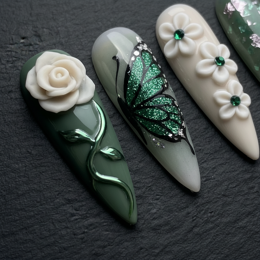 3D white rose and glitter butterfly custom press-on nails macro close-up dark background — LuxepressCo