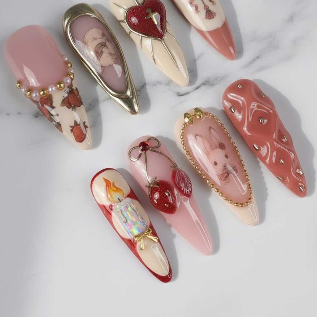 Vintage Romance 3D strawberry bunny portrait art custom press-on nails texture gloss marble — LuxepressCo
