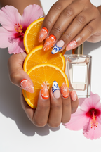 Dark skin lifestyle citrus orange folk art custom press-on nails inclusive beauty summer — LuxepressCo